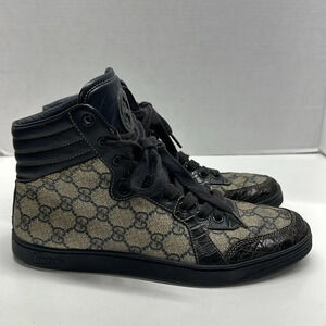 Gucci GG Supreme Crocodile Trim High Top Sneaker Shoes Navy Blue Men's Size 7